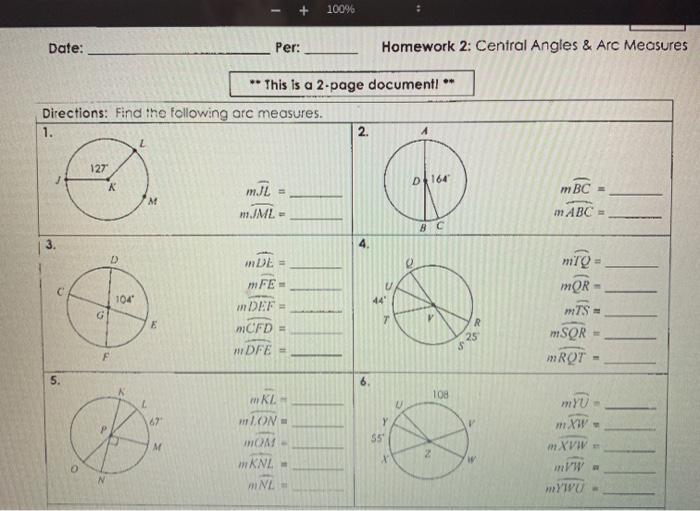 Central angles and arc measures answer key